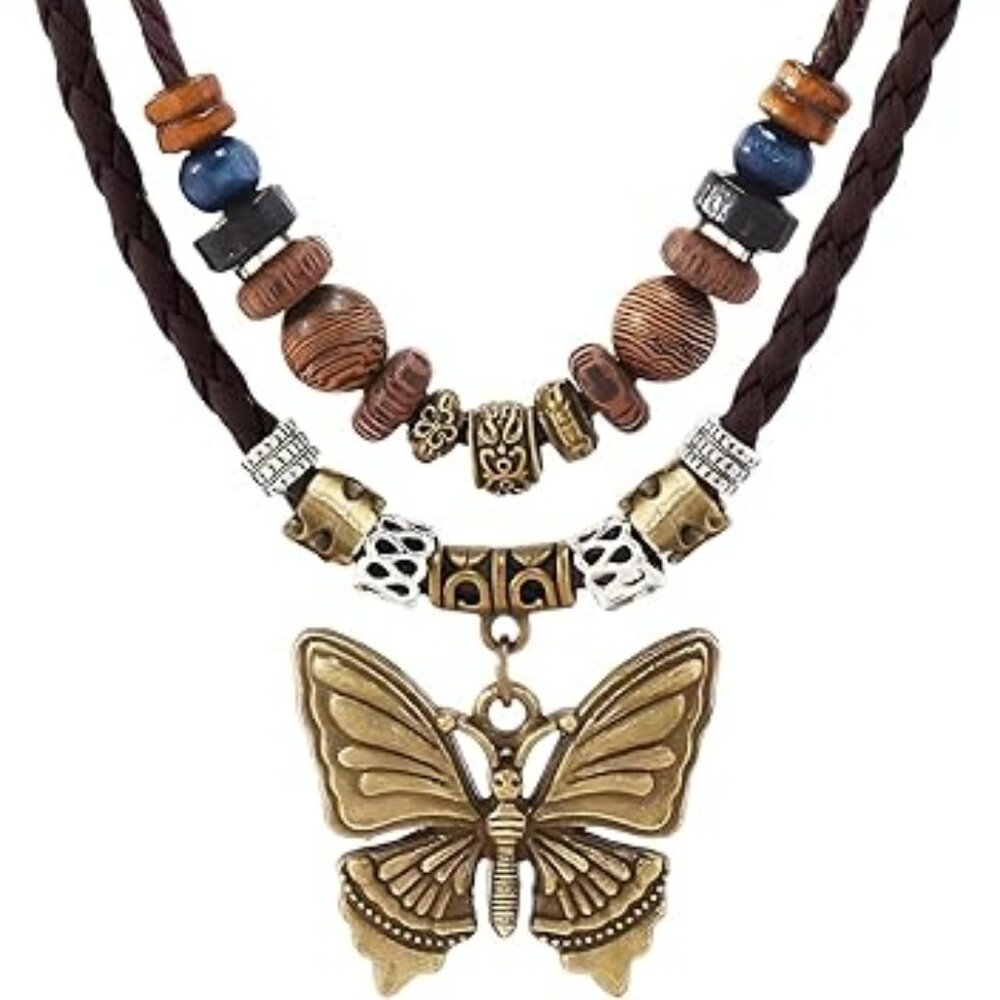 Boho Necklace Butterfly Pendant‎ Wooden Beads Braided Choker Leather Rope Women